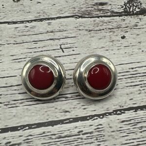 Taxco Silver Earrings with Deep Red Cabochons